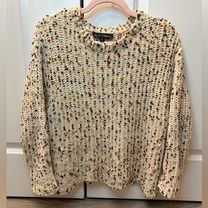 A+A Collection Cozy Pom Pom Crew Neck Sweater Lg Funfetti Scalloped Hem Crochet